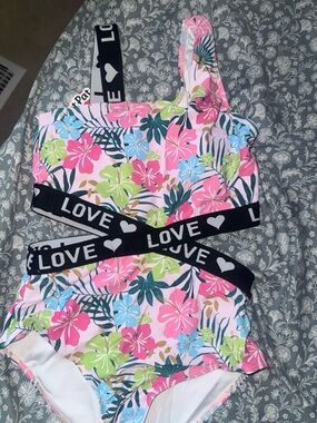 Love Pink Floral One-Shoulder Swim Top with LOVE Bands